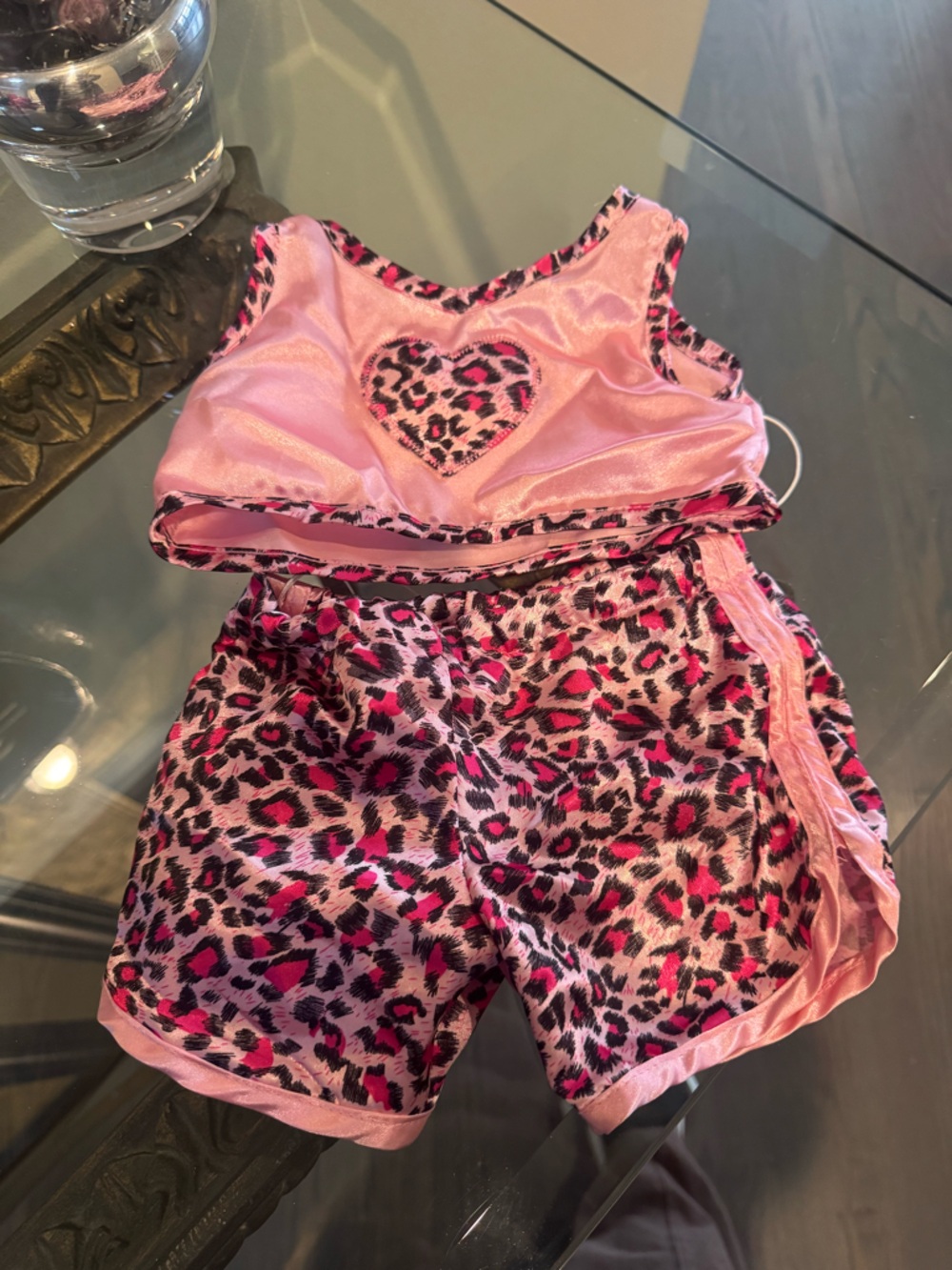 Build a Bear 2 Pink Leopard Satin Pajama Set with Heart Patch